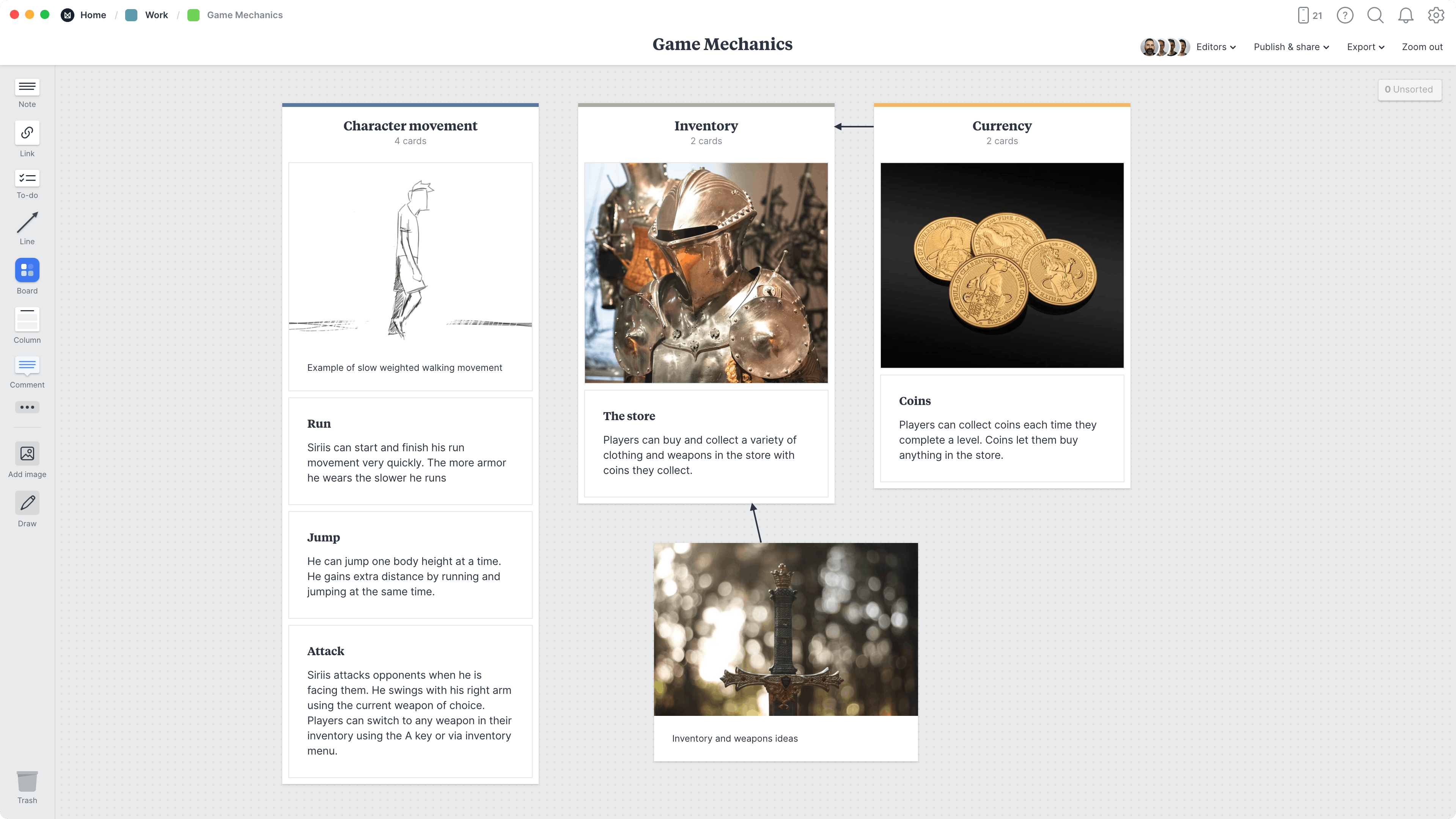 Game Mechanics Template, within the Milanote app