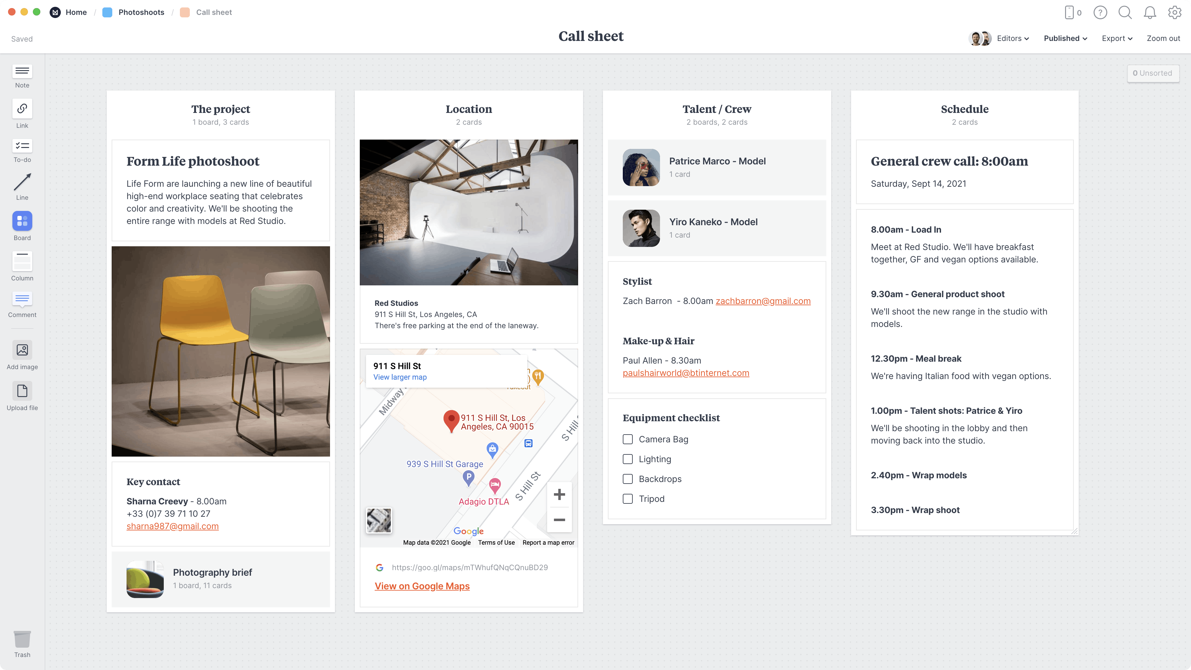 Photoshoot Call Sheet Template, within the Milanote app