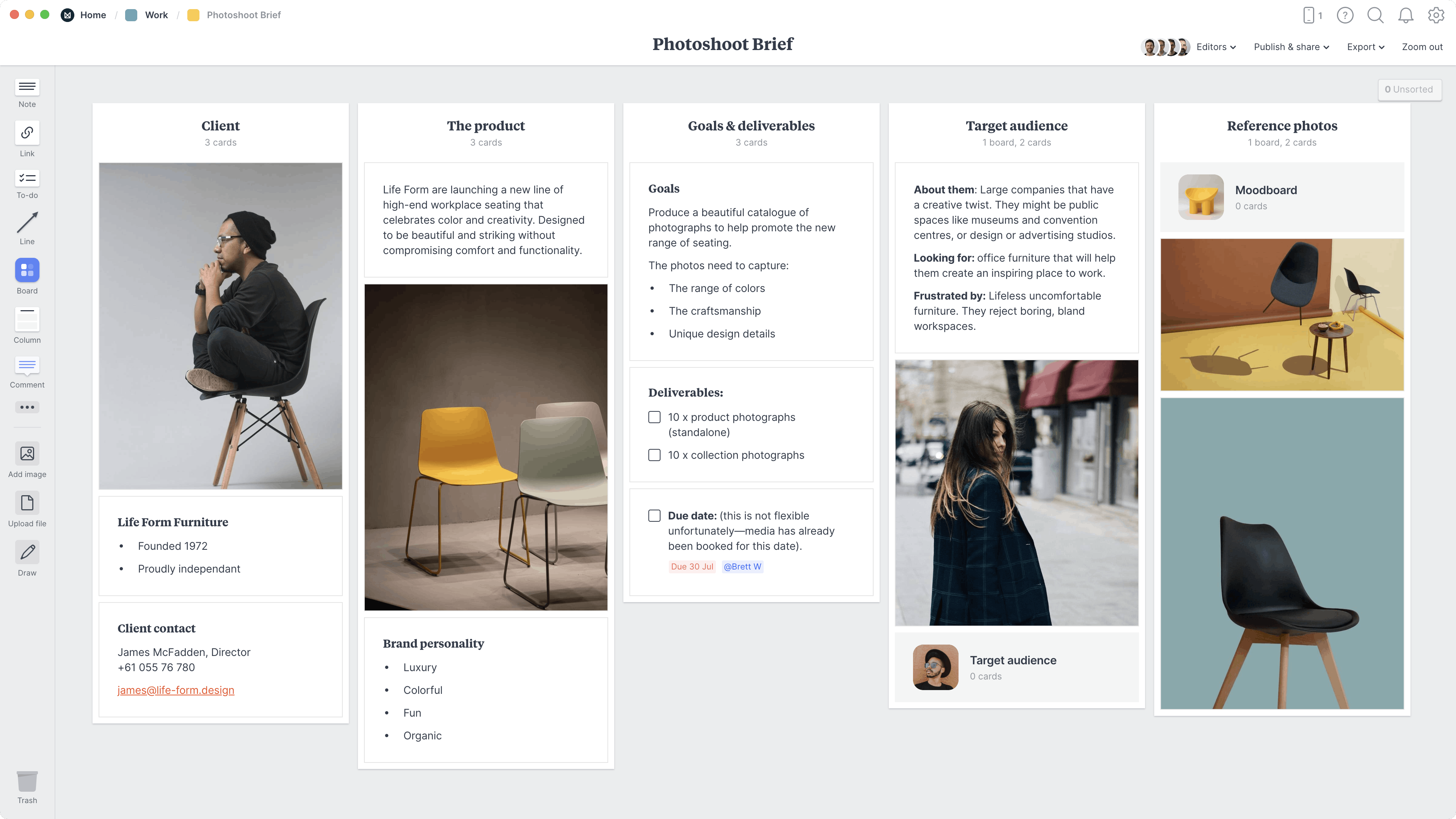 Photoshoot Brief Template, within the Milanote app