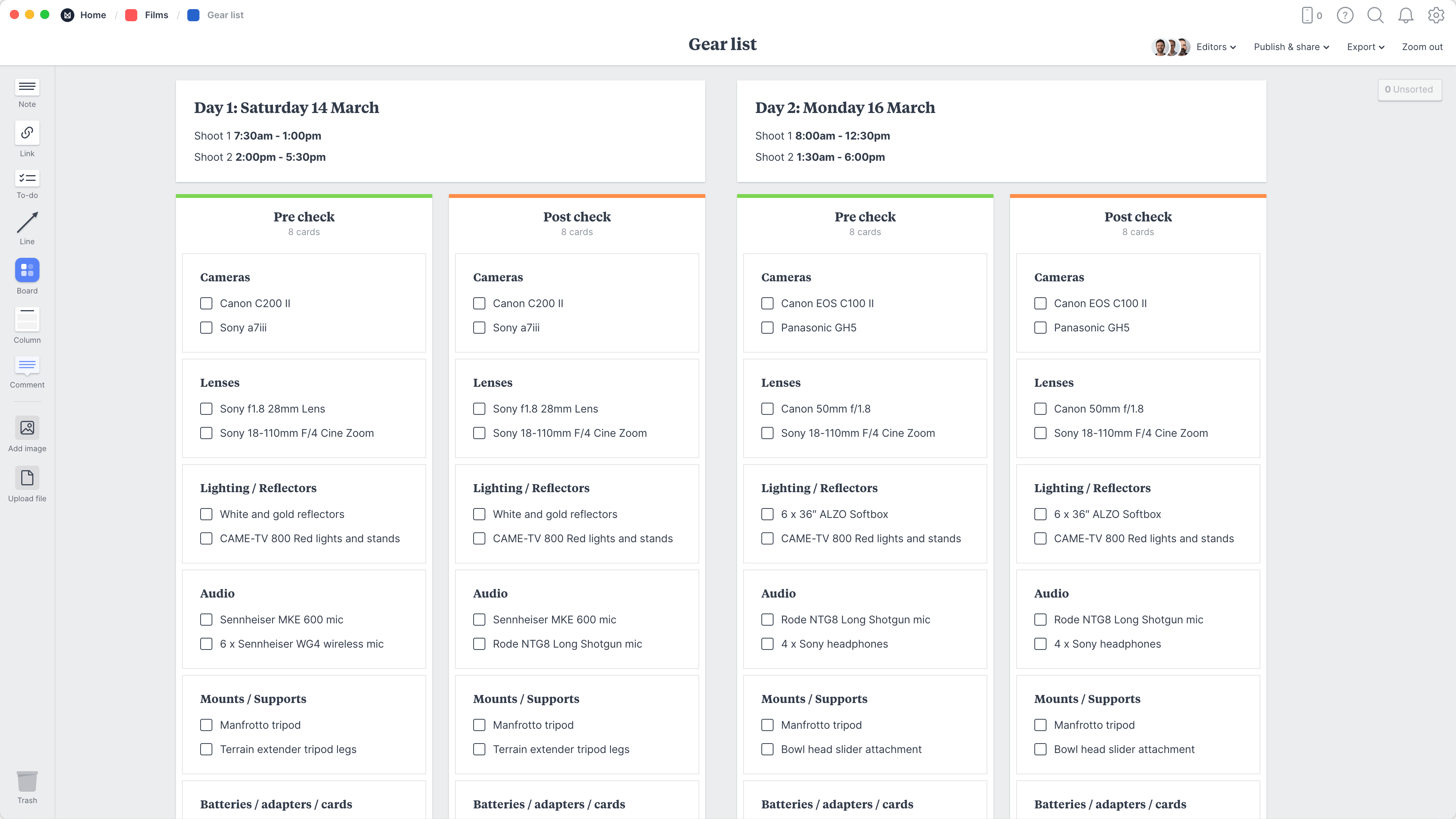 Film Equipment Checklist Template, within the Milanote app