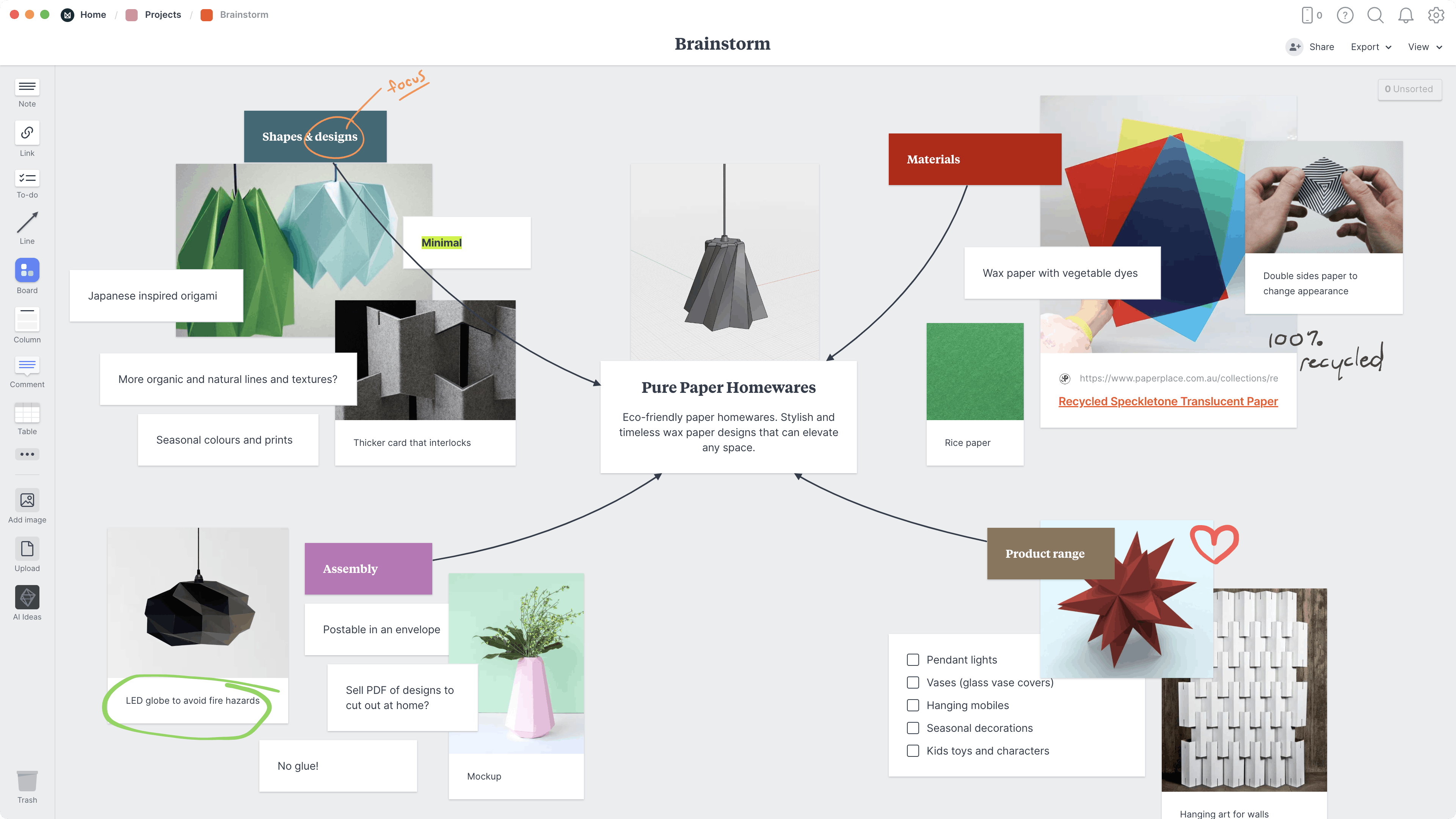 Craft Project Brainstorm Template, within the Milanote app